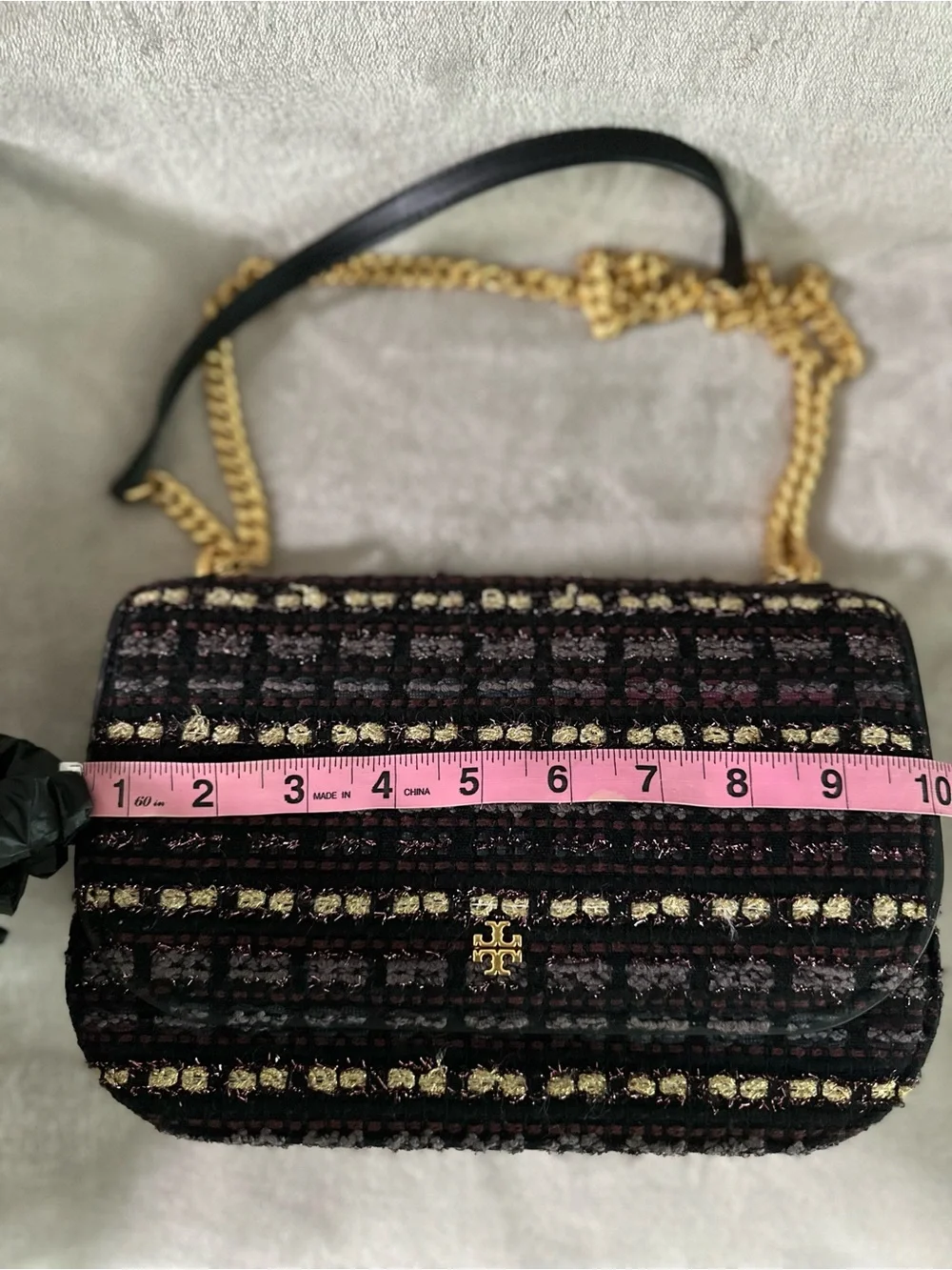 Tory Burch Black Tweed Chain Crossbody with Gold Hardware